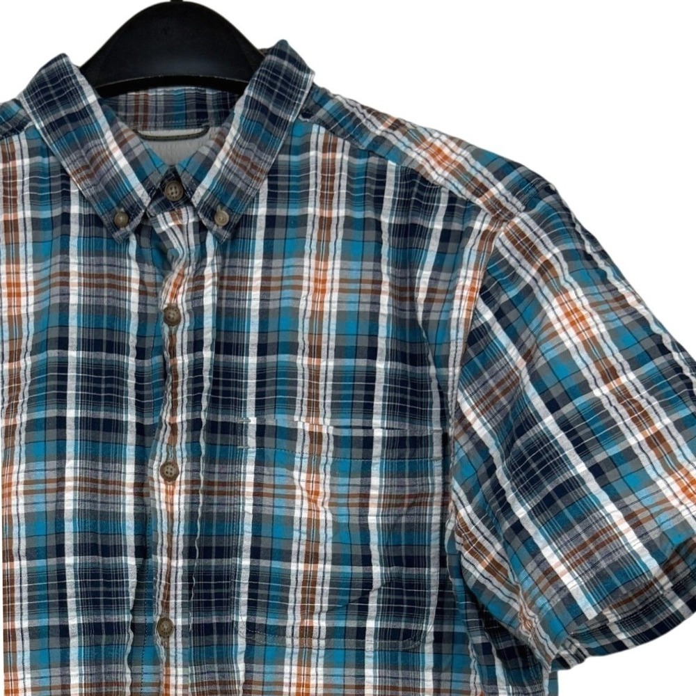 Royal Robbins Plaid Seersucker Shirt Mens Large Cotton Blue Orange Short Sleeve